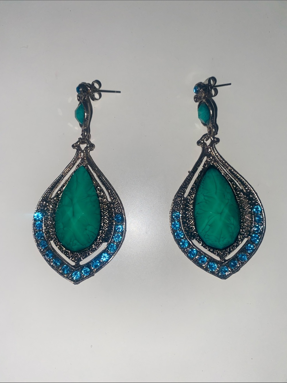 Green Teardrop Statement Earrings with Blue Accents - Picture 1 of 3